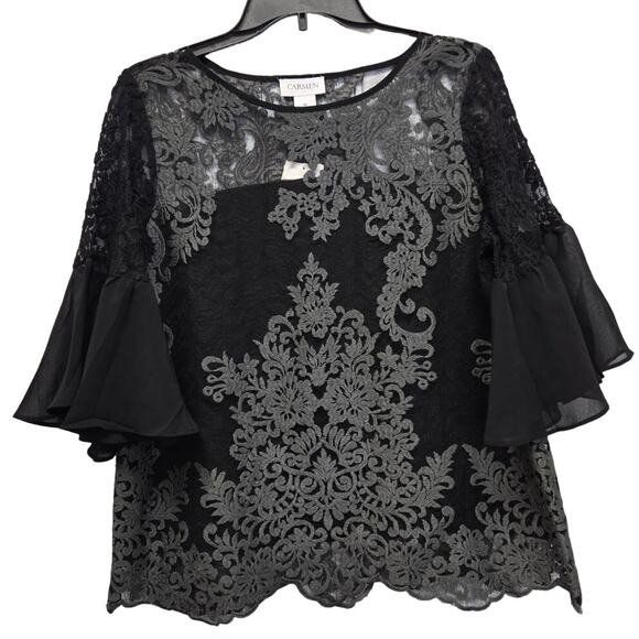 New Carmen Marc Valvo Womens Medium Nylon Lace Overlay Half Bell Sleeve Blouse - Picture 1 of 4